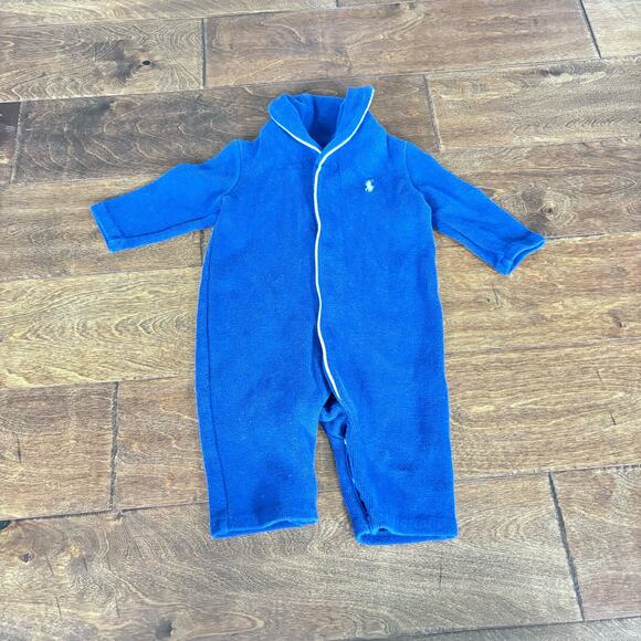Ralph Lauren Boys 3 Month Terry Outfit Navy Blue Collared Snap Romper - Picture 1 of 4